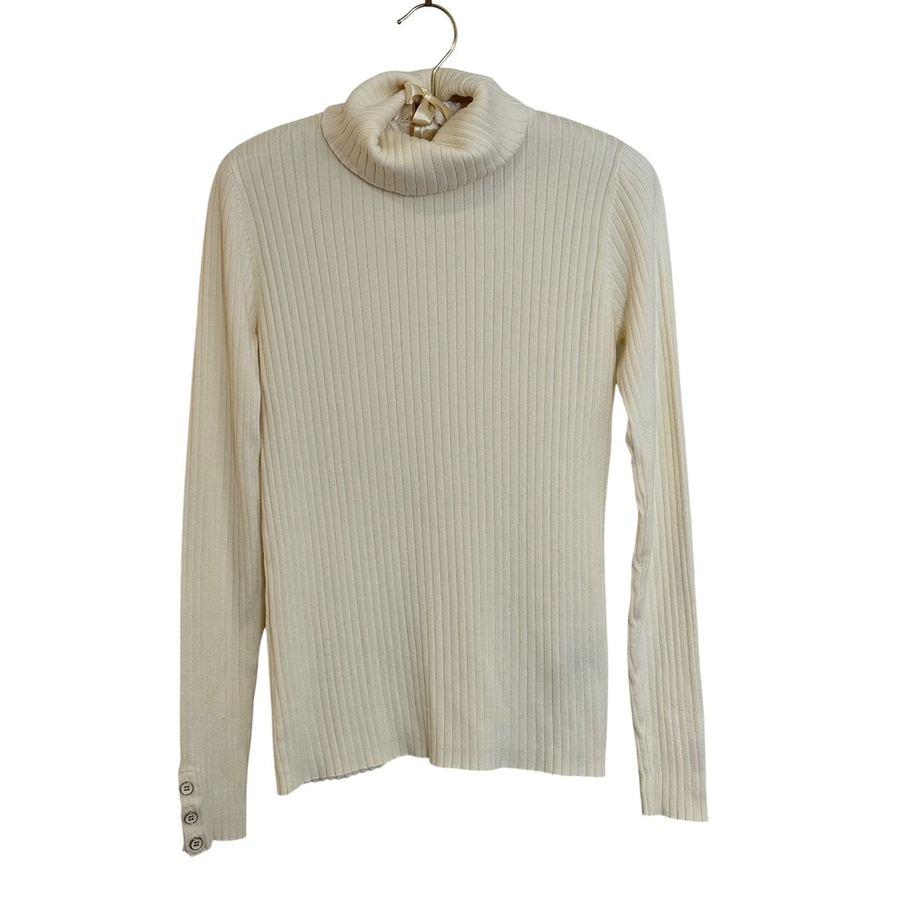 J. McLaughlin Arlette Ribbed Turtleneck Sweater Size M Ivory‎ Button Cuff